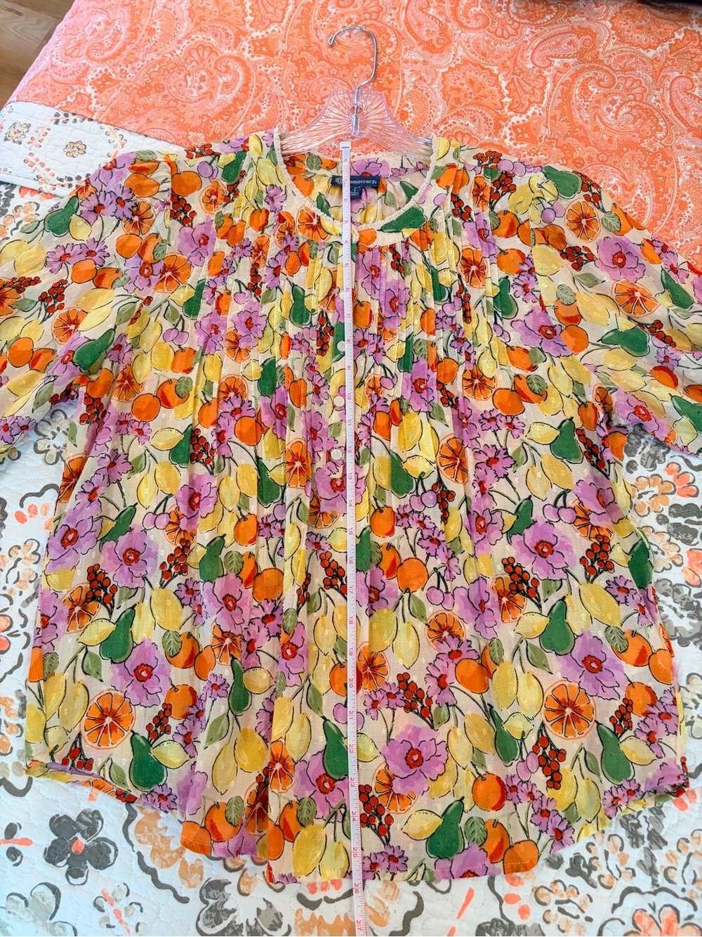 DEMOCRACY NEW WITHOUT TAGS Citrus and Floral Pintuck Blouse in MULTICOLOR SIZE L - Picture 8 of 9